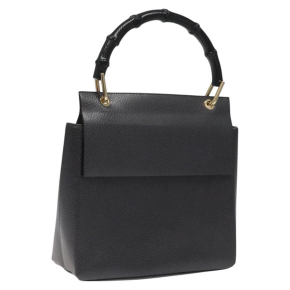 GUCCI Bamboo Hand Bag Leather Black Gold 001 3444 1887 Auth BA730 - Picture 1 of 16